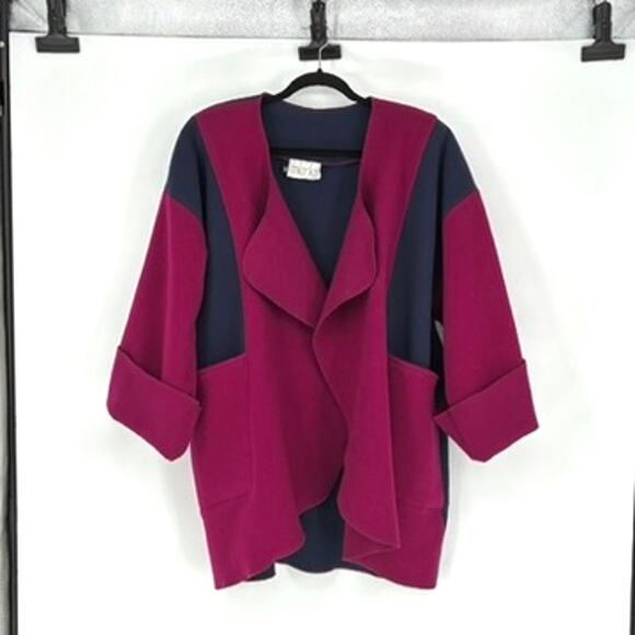 Vtg Merle Navy and Raspberry Wool Open-Front 3/4 Sleeve Coat - OS to 1X - 80s - Picture 1 of 10